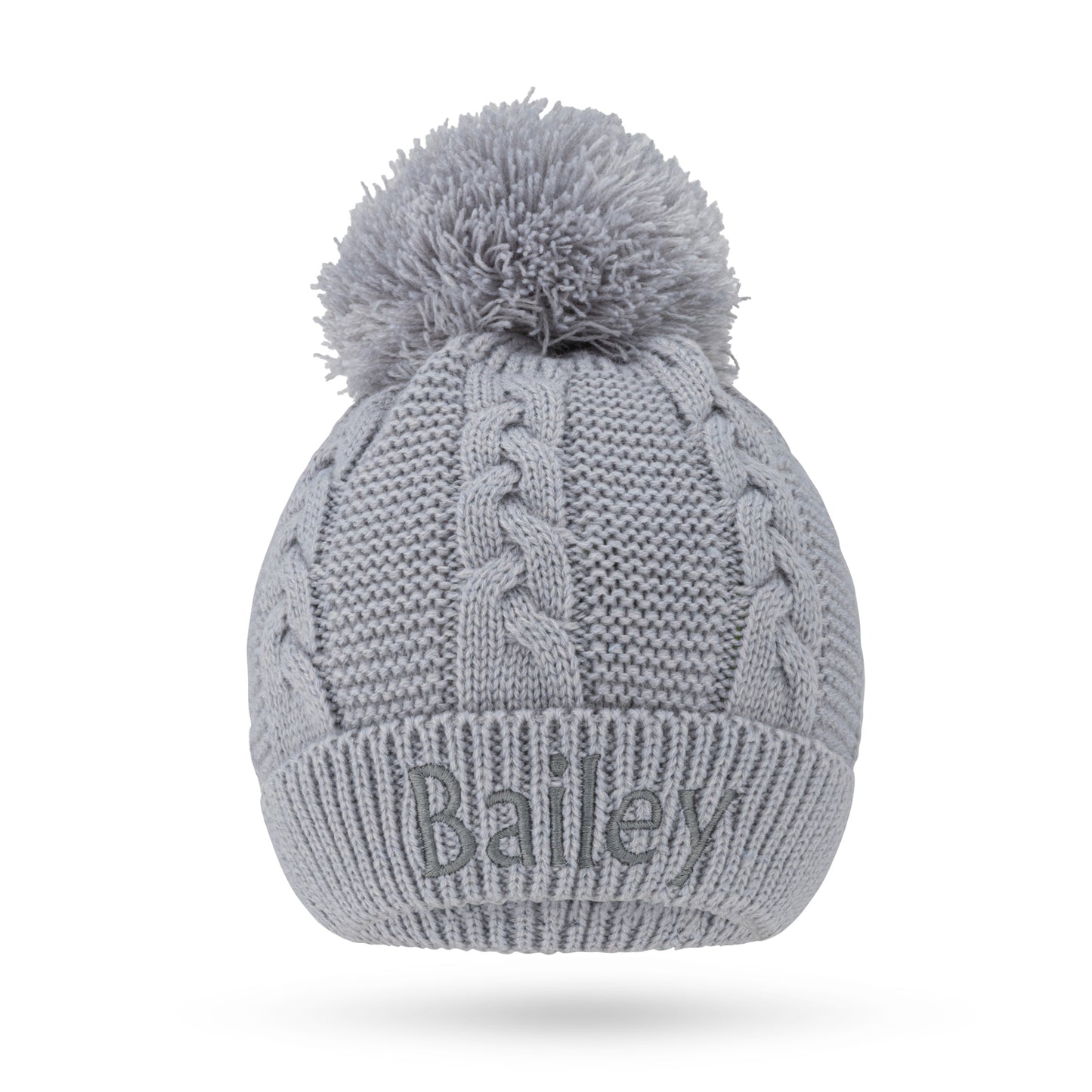 Grey Cable Knit Hat with Pom