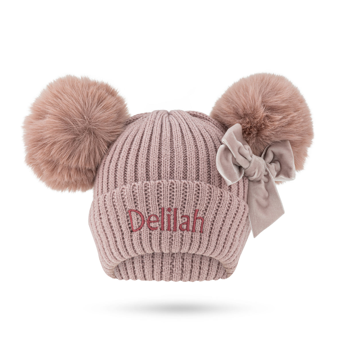 Dusky Pink Double Pom Faux Fur Hat