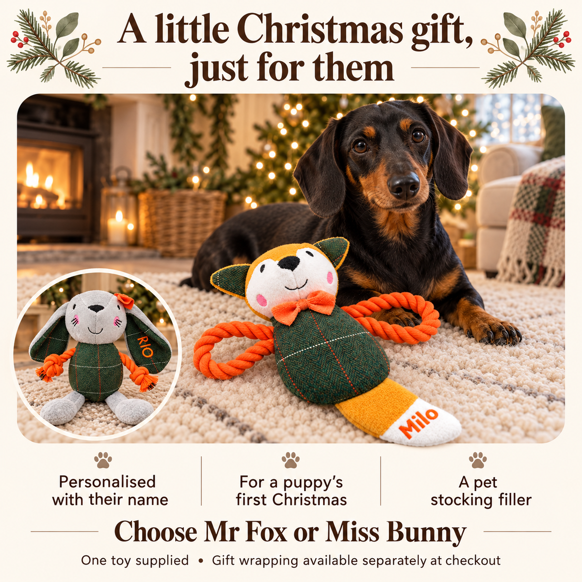 Personalised orange rope fox or bunny Christmas dog gift