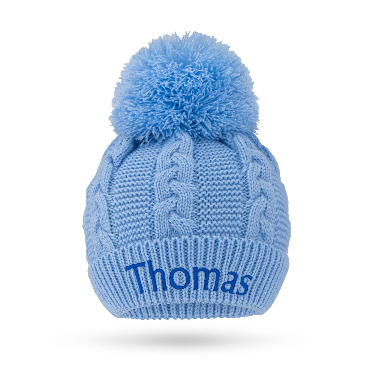 Soft Blue Cable Knit Hat with Pom