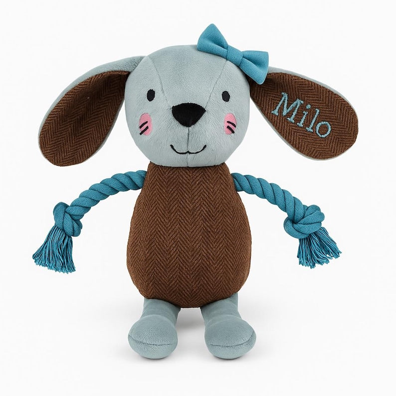 Blue rope Miss Bunny dog toy with Milo embroidered on the ear