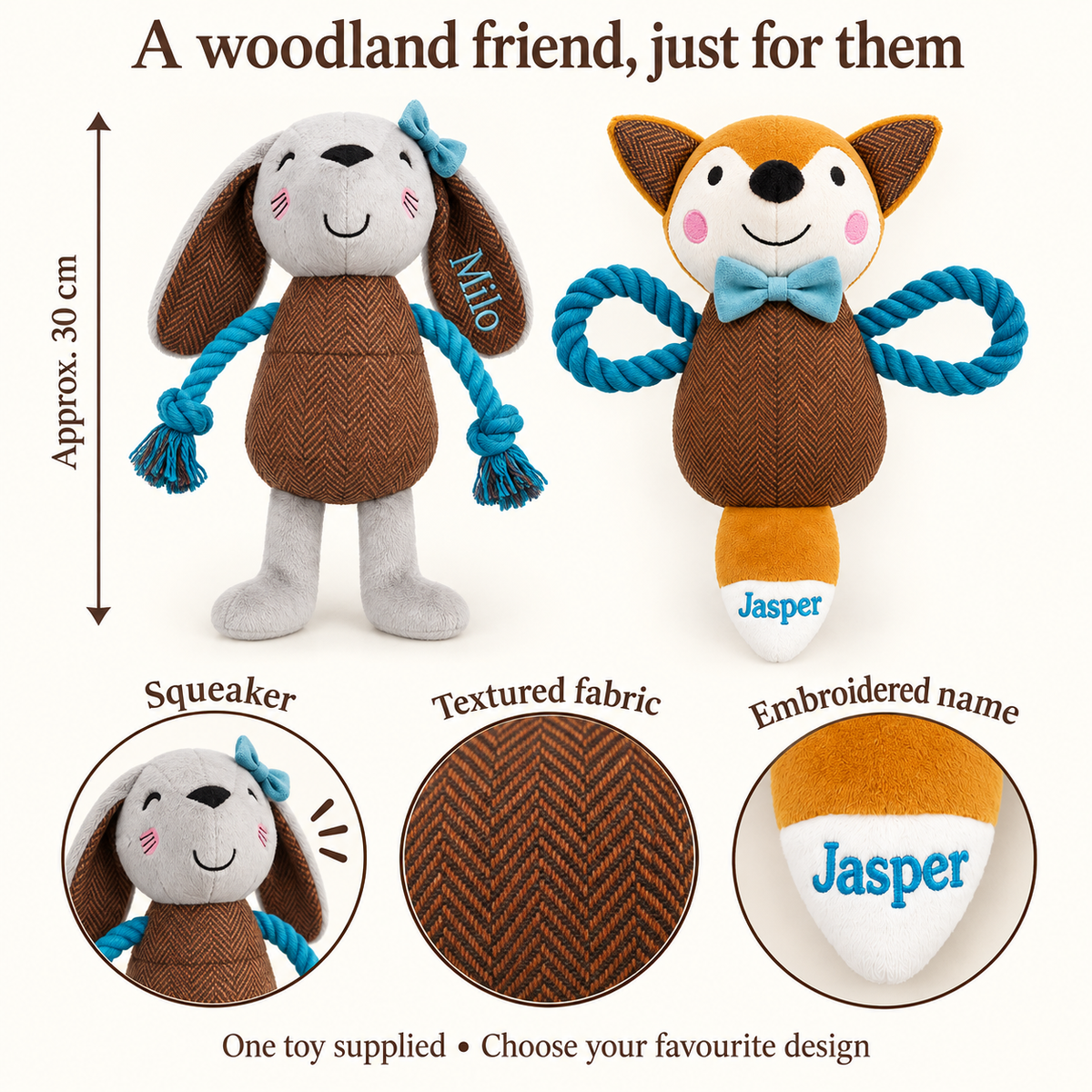 Blue rope fox and bunny dog toy size and embroidery details