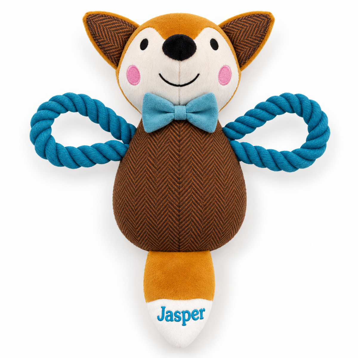 Blue rope Mr Fox with Jasper embroidered horizontally on the white tail tip