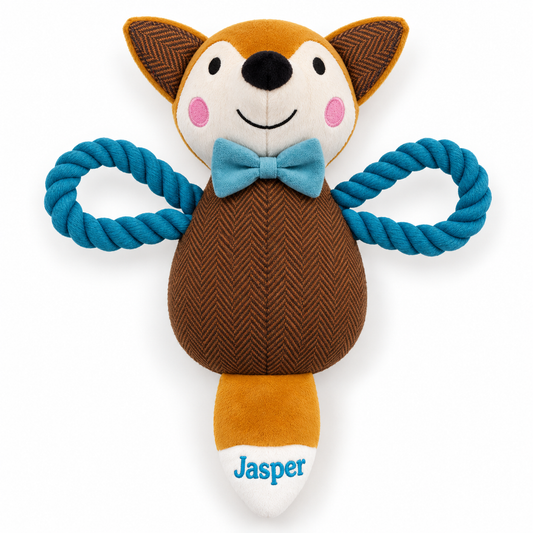 Blue rope Mr Fox with Jasper embroidered horizontally on the white tail tip