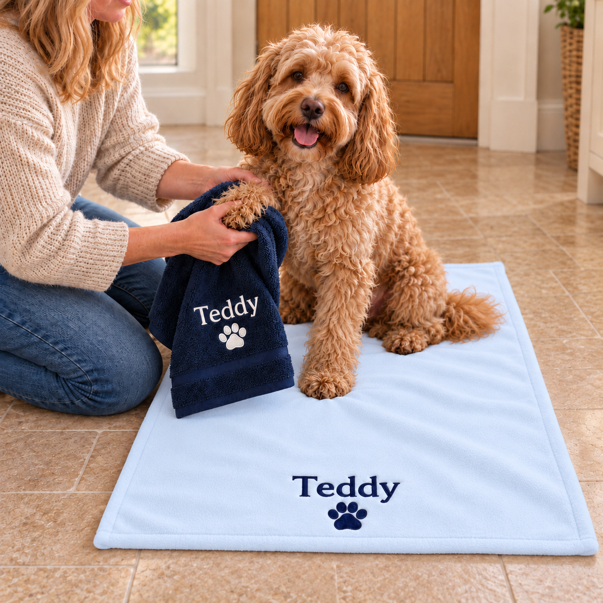 Navy Teddy towel drying a dog's paw on a pale blue fleece blanket