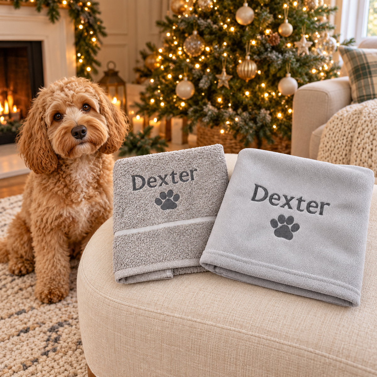 Personalised grey dog towel and blanket gift set beside a dog and Christmas tree