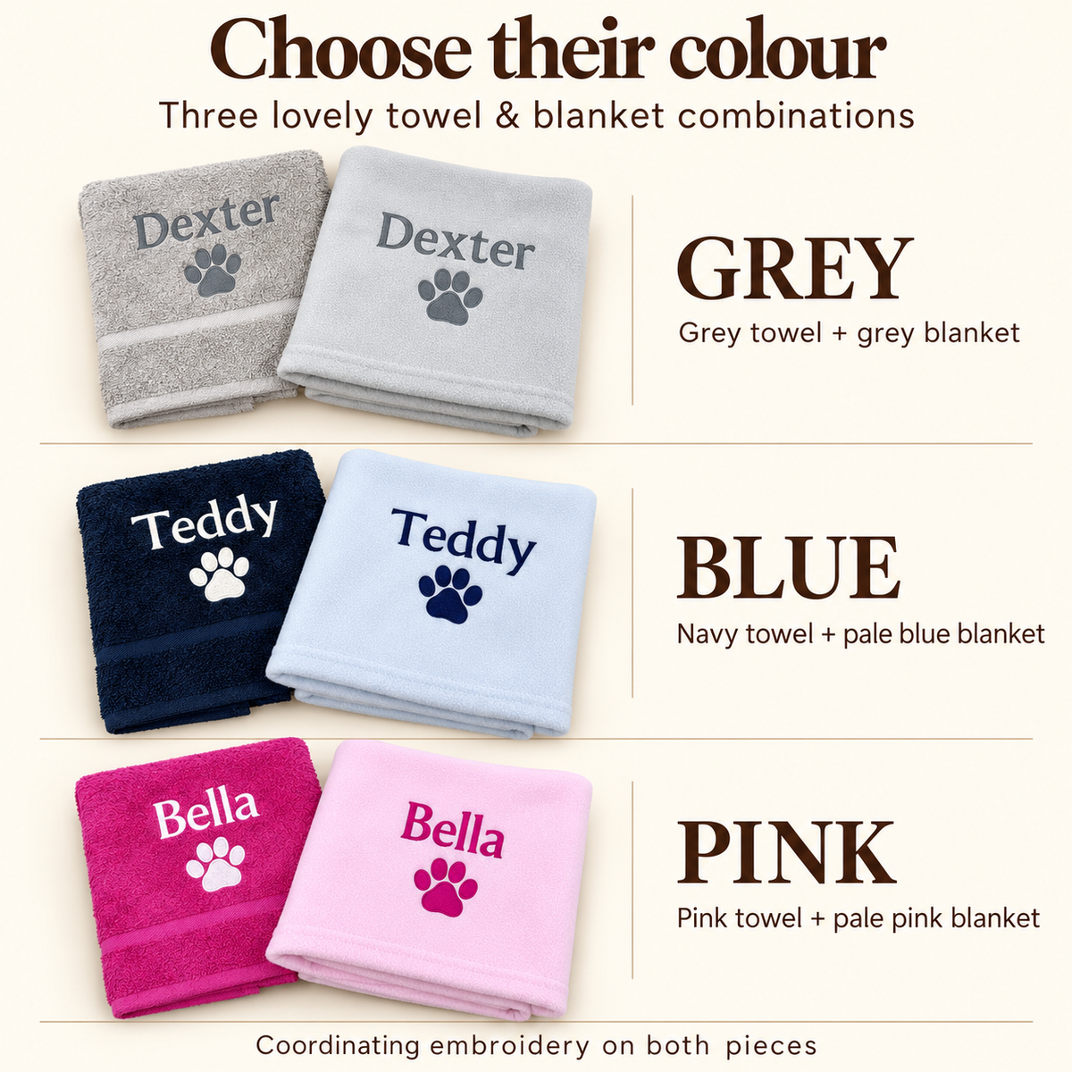 Grey, navy with pale baby blue, and pink towel and blanket combinations