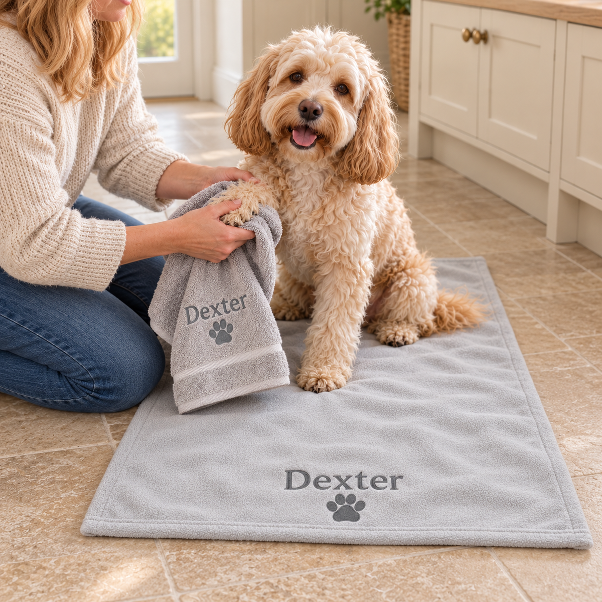 Grey Dexter towel drying a dog's paw on a grey fleece blanket
