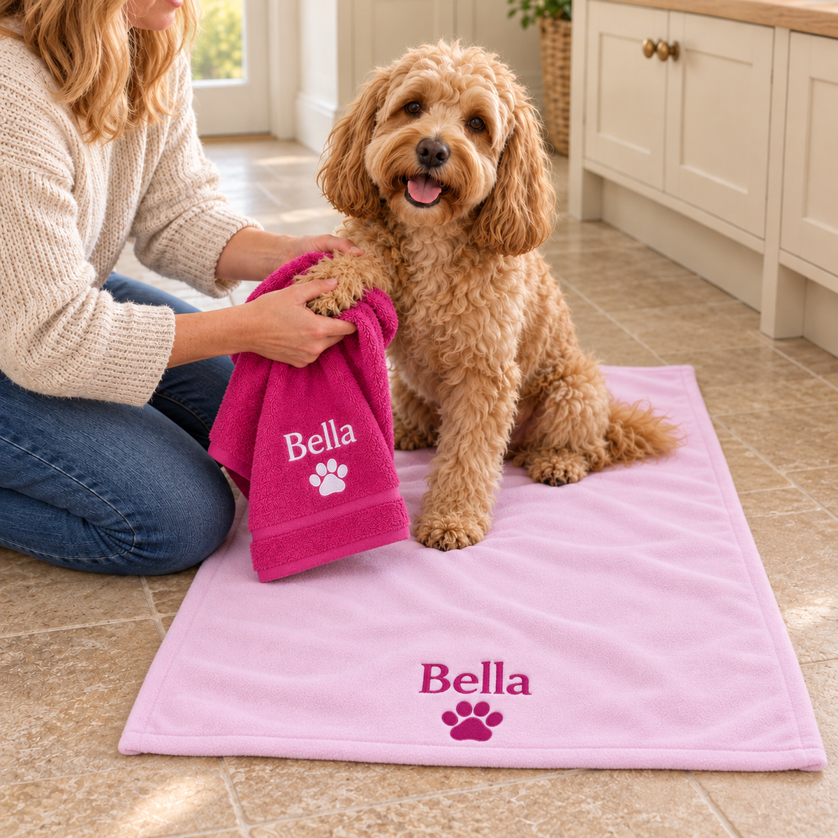 Pink Bella towel drying a dog's paw on a pale pink fleece blanket