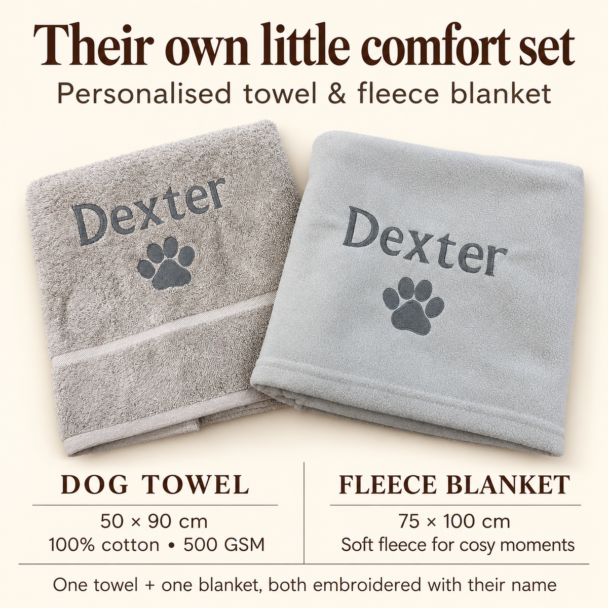 Cotton towel 50 x 90 cm, 500 GSM, and fleece blanket 75 x 100 cm