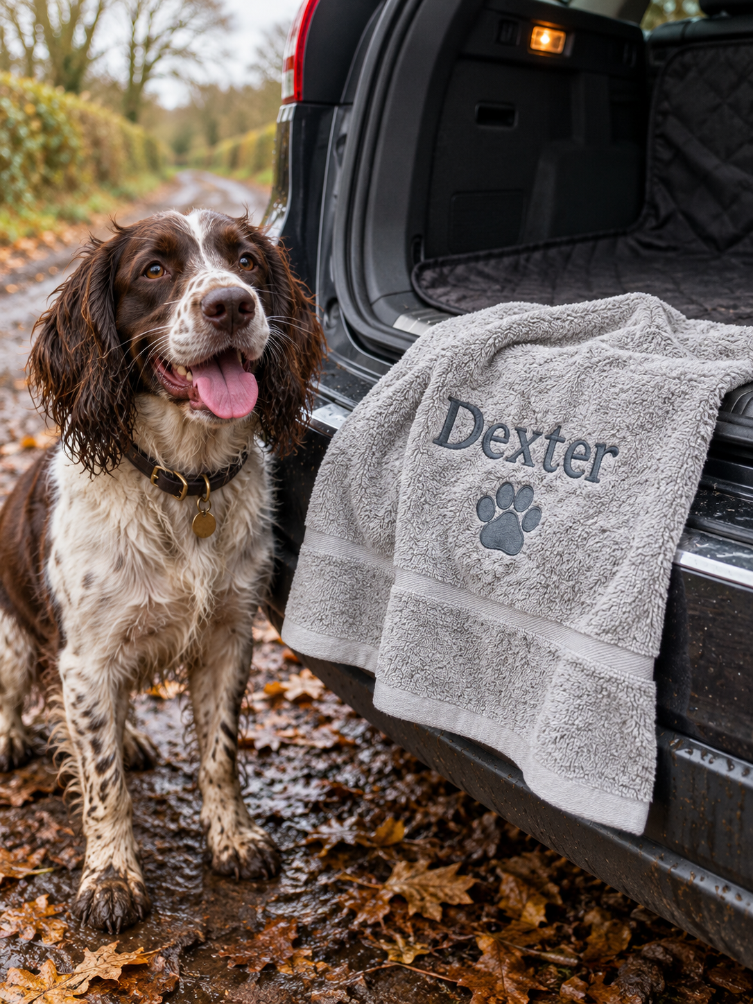 Grey Dexter dog towel beside a dog after a walk