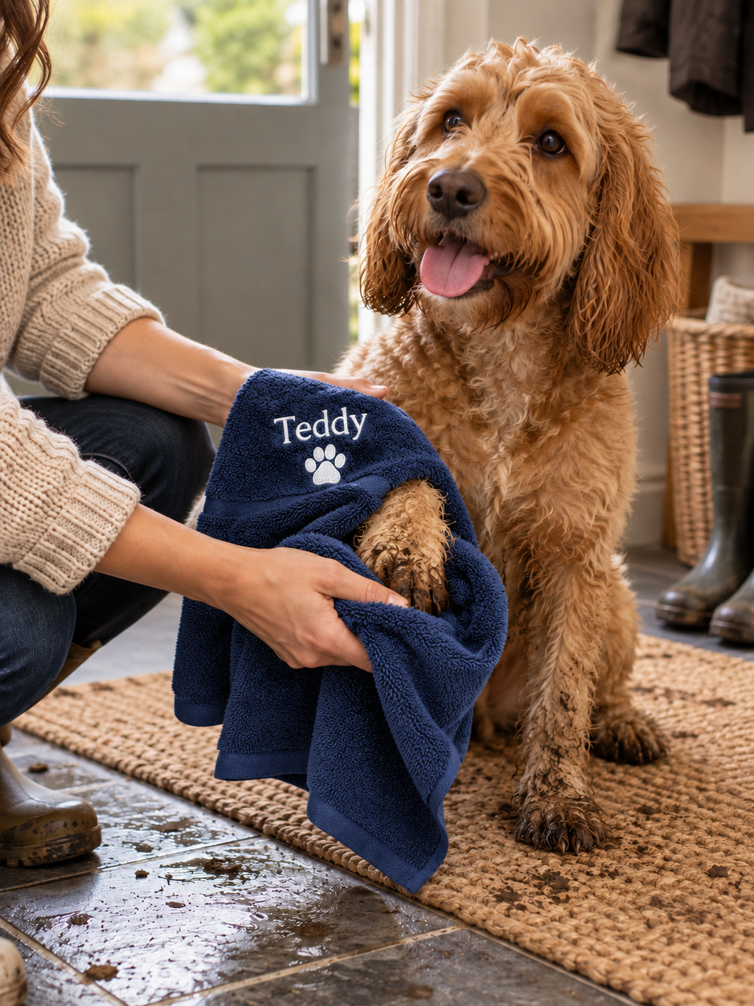 Navy personalised dog towel drying a muddy paw