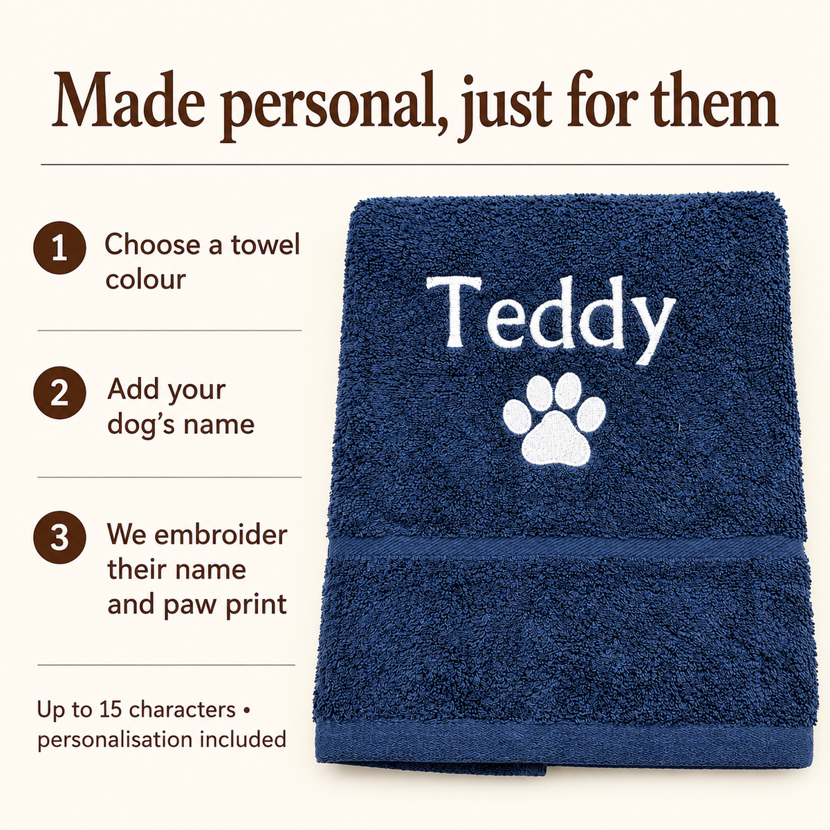 Personalise a dog towel with a name of up to 15 characters