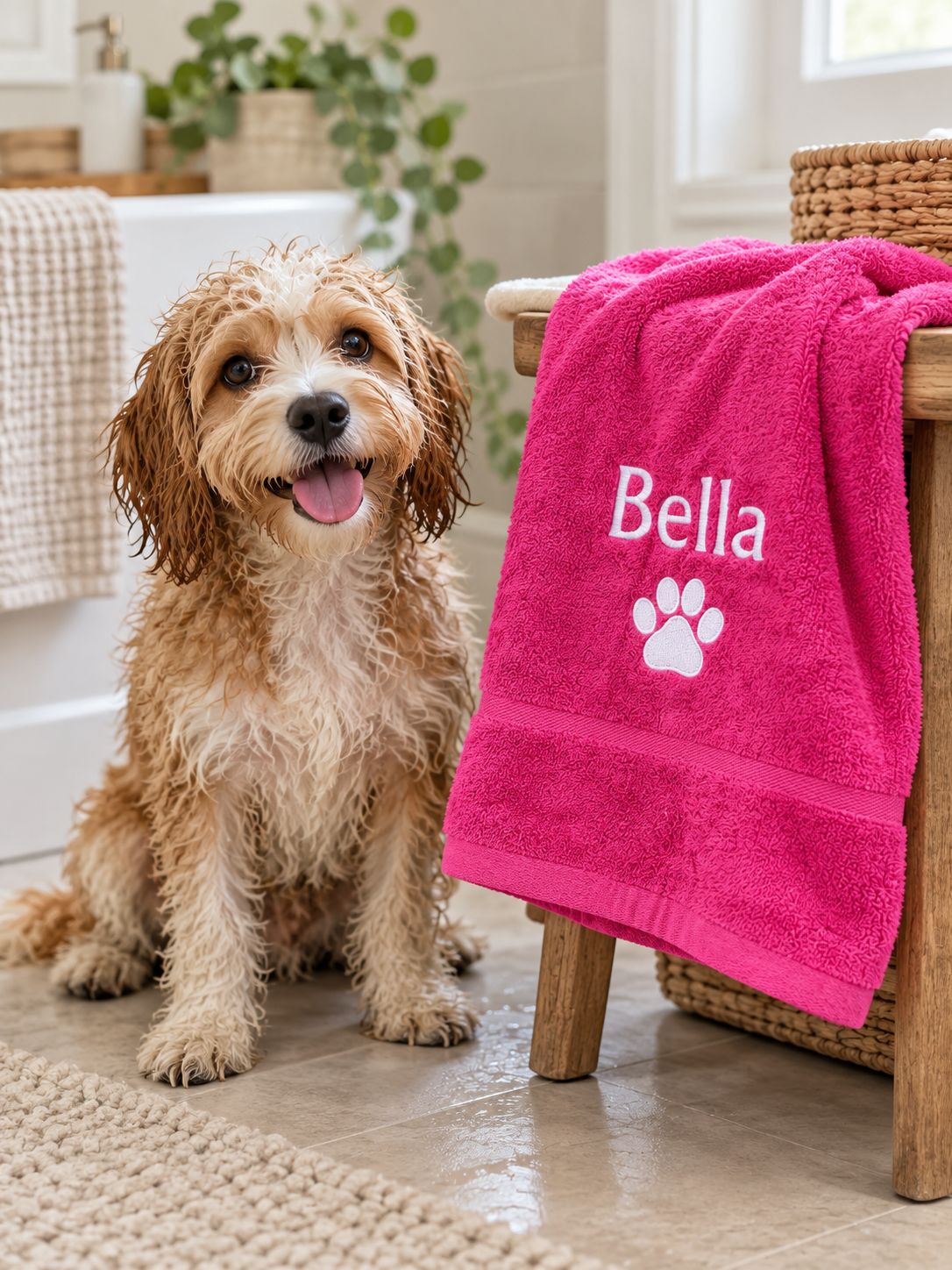 Pink Bella dog towel beside a dog after bath time