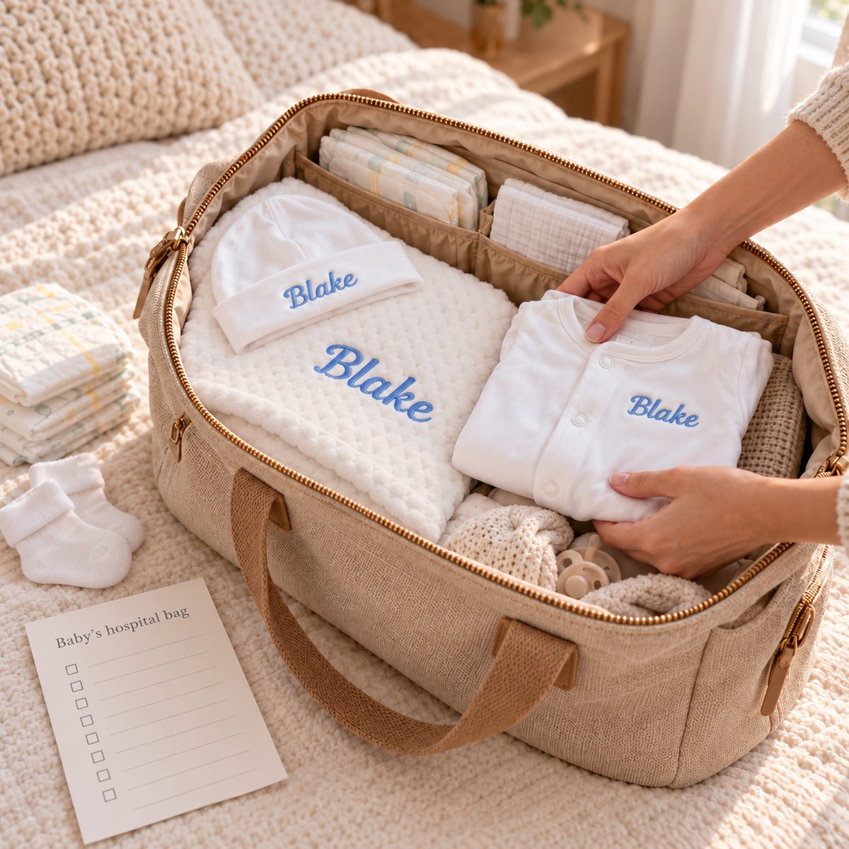 White gift set with blue embroidery packed in a hospital bag.
