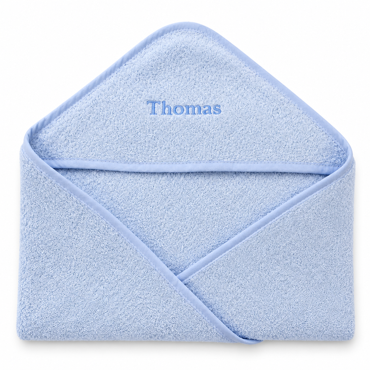 Blue hooded baby towel with Thomas embroidery on a clean white background.