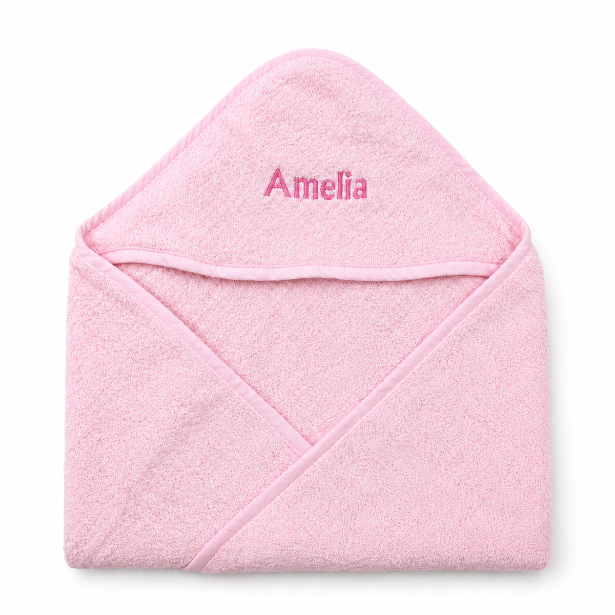 Pink hooded baby towel with Amelia embroidery on a clean white background.