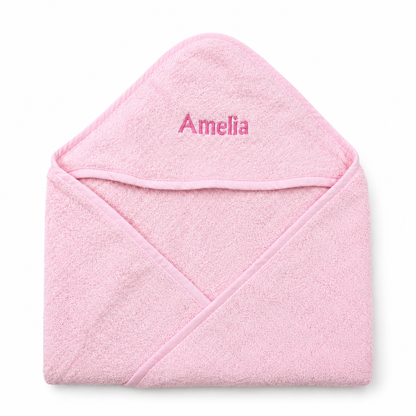 Pink hooded baby towel with Amelia embroidery on a clean white background.