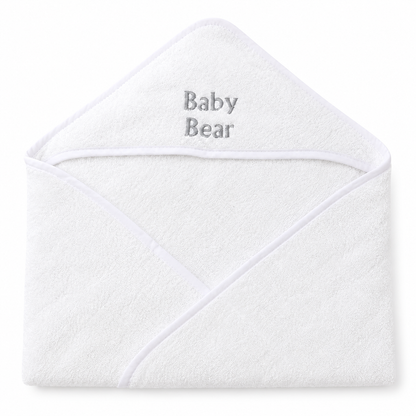 White hooded baby towel with grey Baby Bear embroidery on a clean white background.