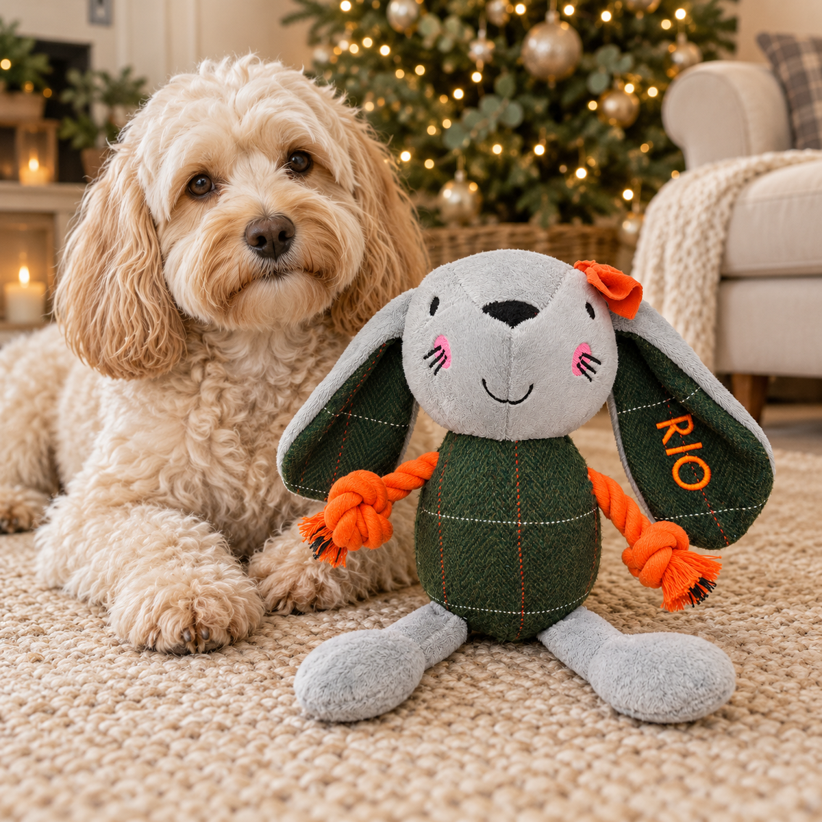 Orange rope Miss Bunny with a cockapoo beside a Christmas tree