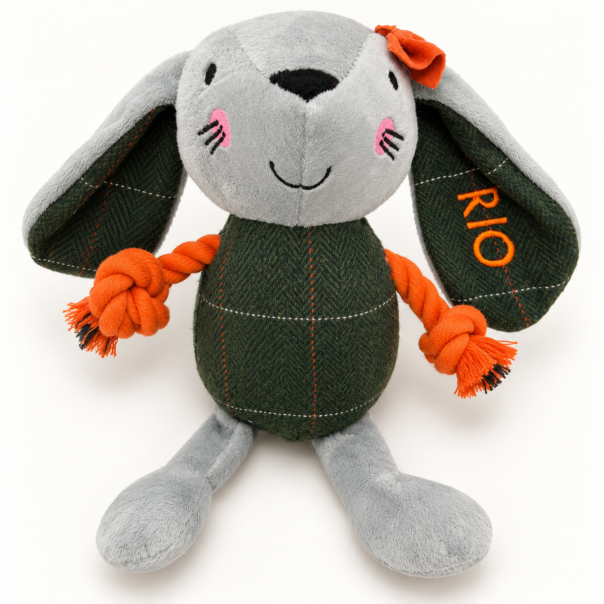 Orange rope Miss Bunny with RIO embroidered on the green checked ear
