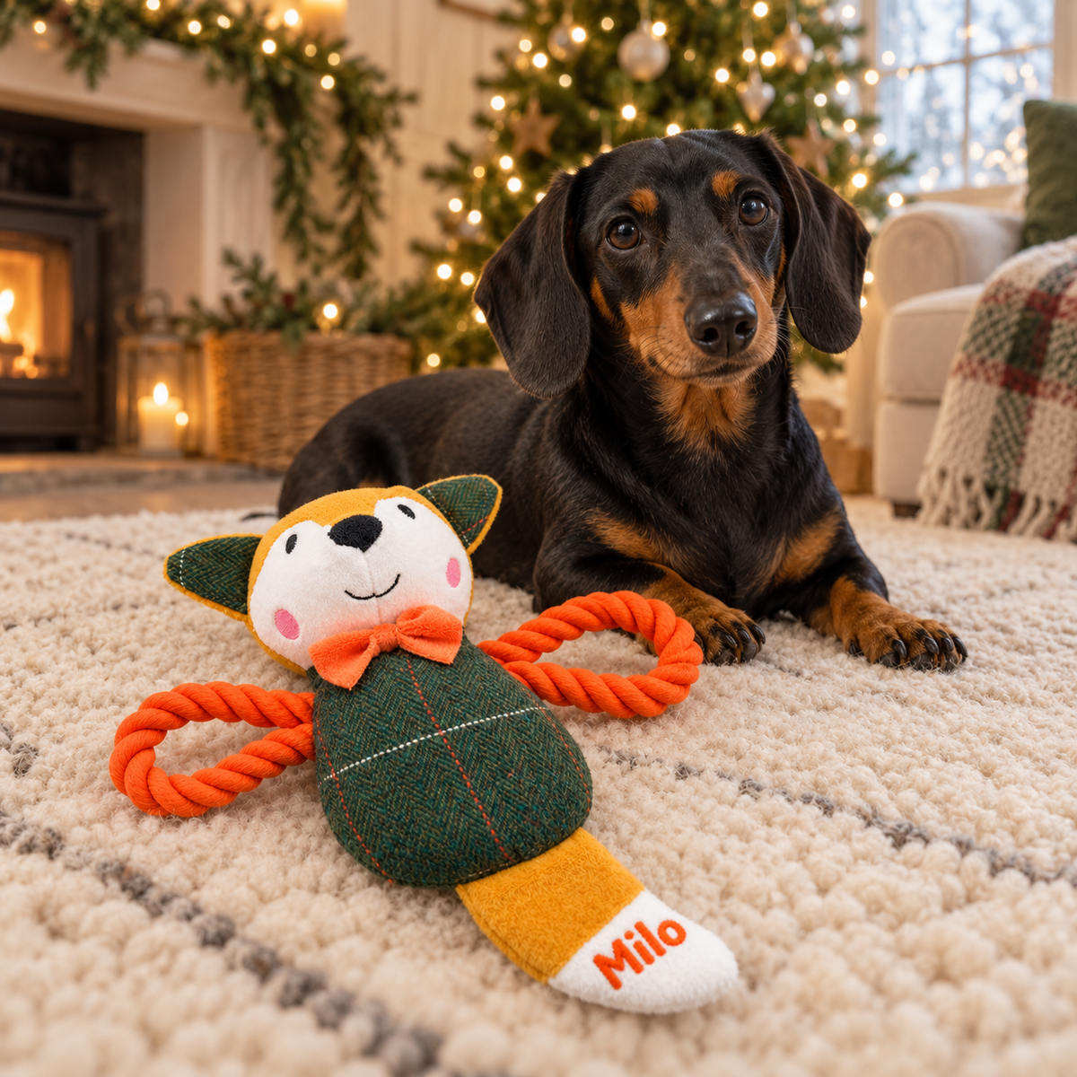 Personalised orange rope Mr Fox beside a dachshund at Christmas