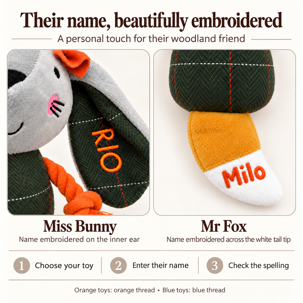 Orange dog toy embroidery placement on bunny ear and white fox tail tip