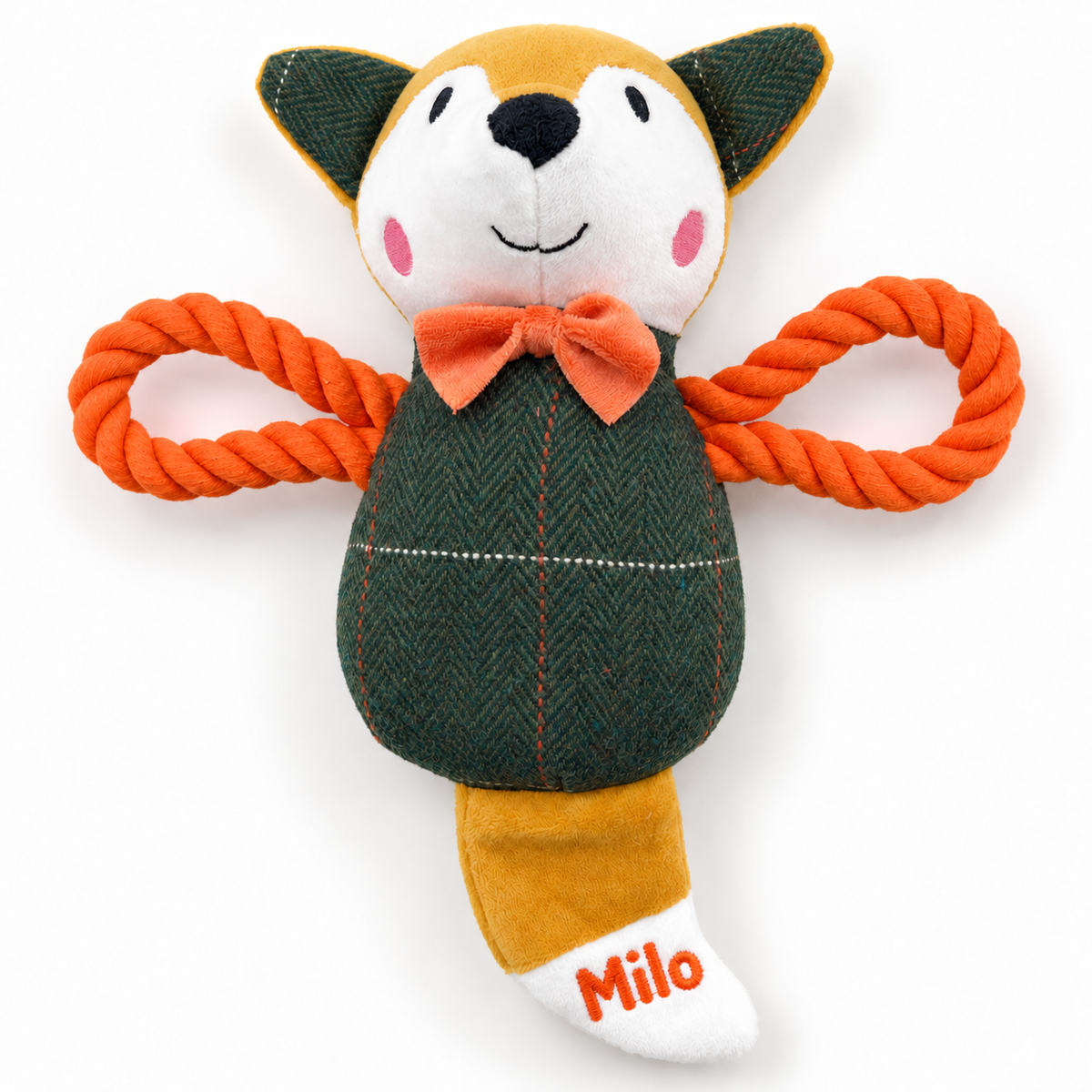 Orange rope Mr Fox personalised dog toy with Milo embroidered across the white tail tip