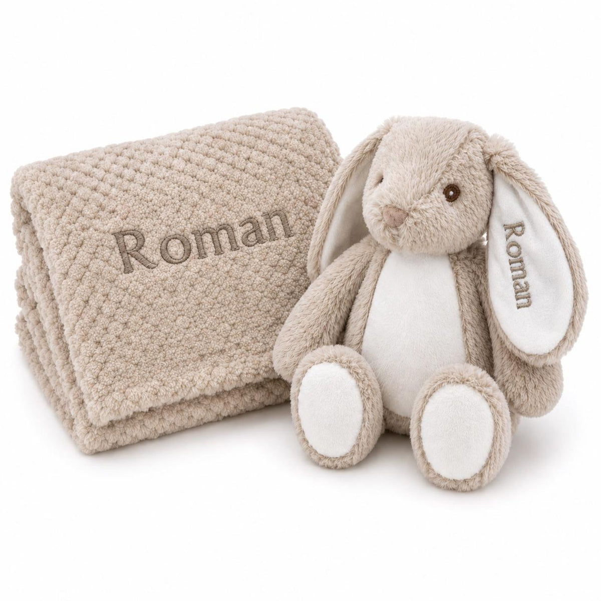 Beige personalised bunny and waffle fleece blanket set