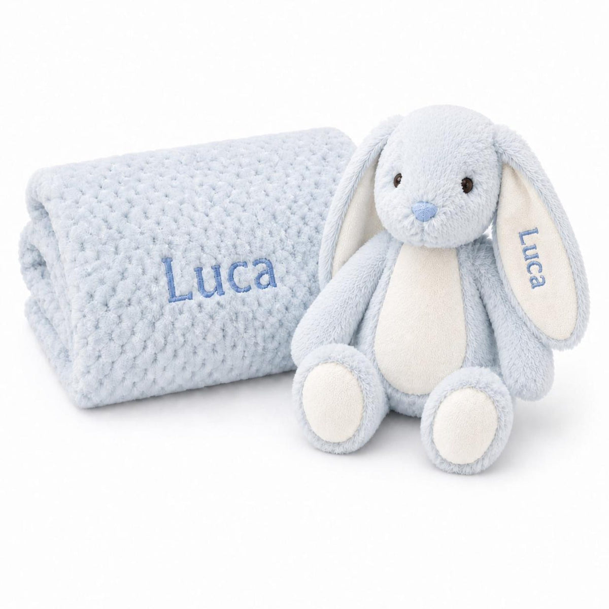 Blue personalised bunny and waffle fleece blanket set