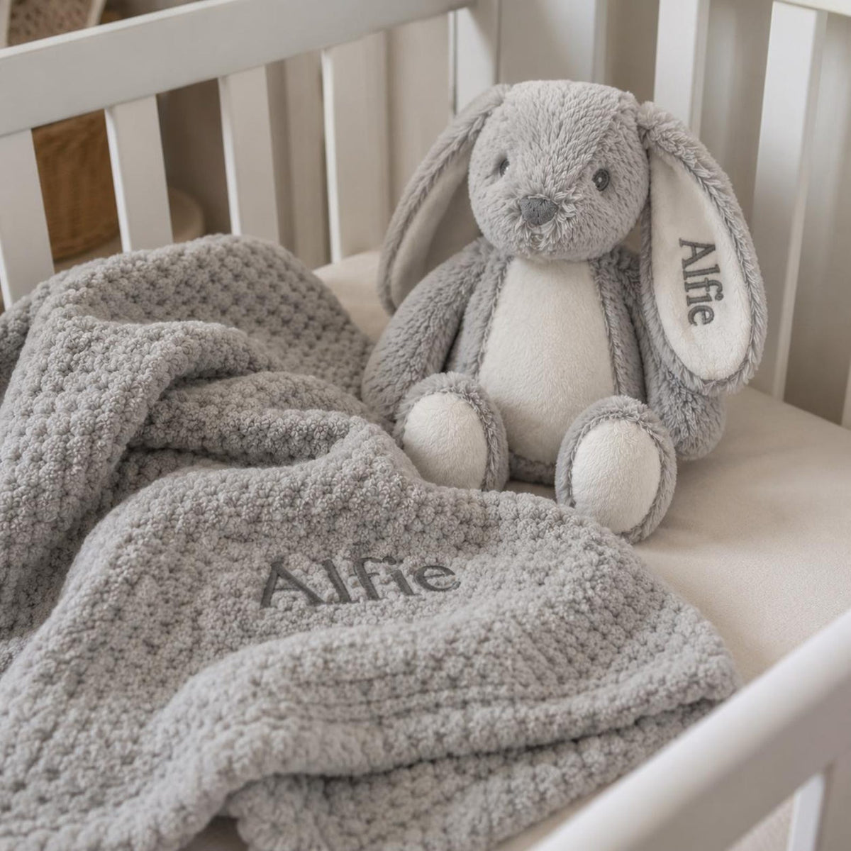 Grey waffle blanket texture and embroidered bunny ear