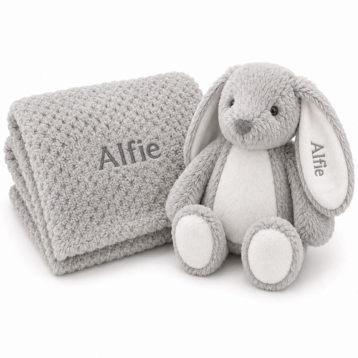 Grey personalised bunny and waffle fleece blanket set