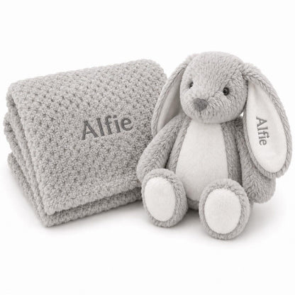 Grey personalised bunny and waffle fleece blanket set