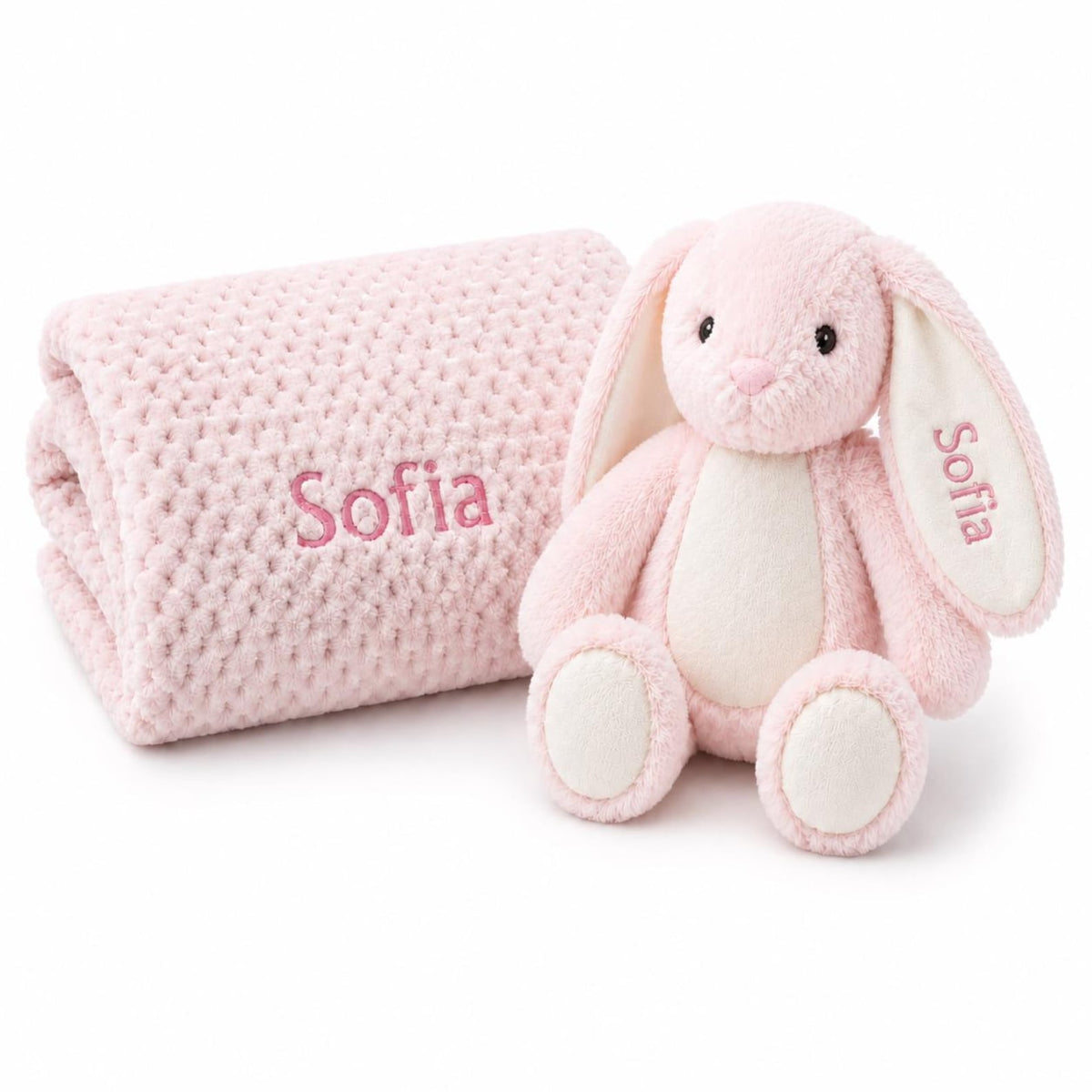 Pink personalised bunny and waffle fleece blanket set