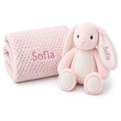 Pink personalised bunny and waffle fleece blanket set