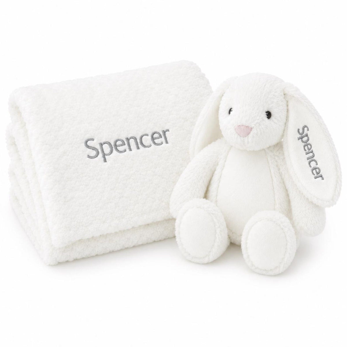White personalised bunny and waffle fleece baby blanket set