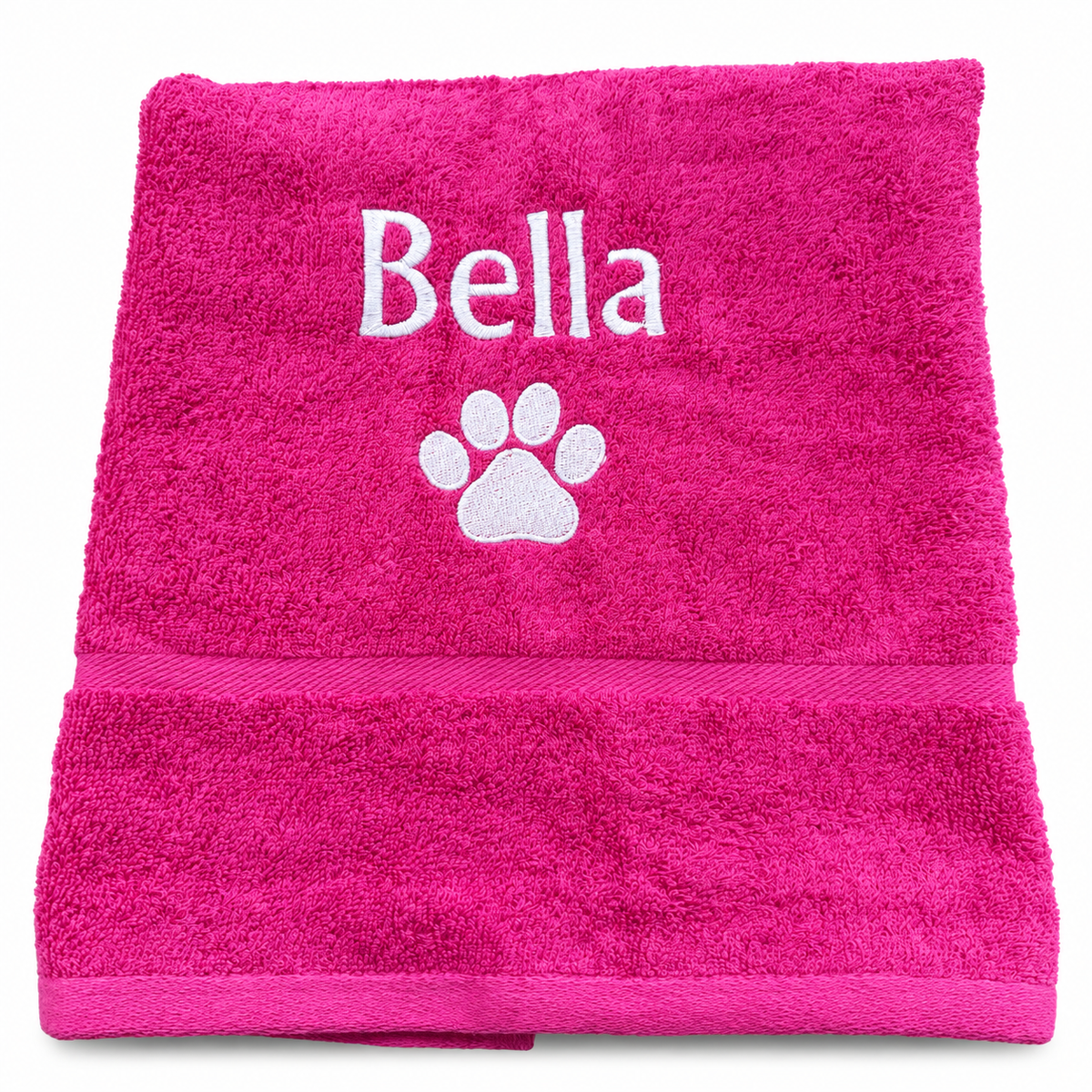 Pink personalised dog hand towel with Bella embroidered above a white paw print