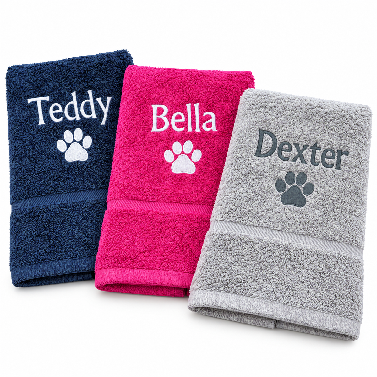 Personalised dog towels in navy, pink and grey