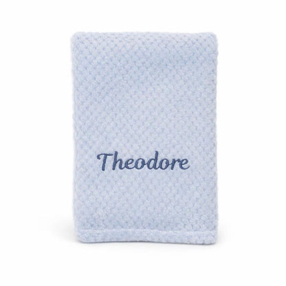 Personalised waffle fleece baby blanket – soft blue.