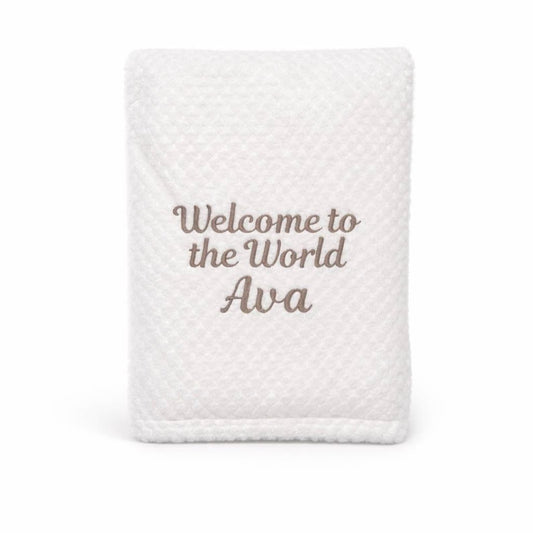 Personalised waffle fleece baby blanket – white.