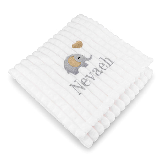 Personalised Elephant Design Luxury White Jacquard Baby Blanket